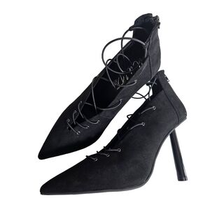 Wild Pair Dezmun Black Closed Pointed Toe Faux Suede Lace Up Heels Sz 11M